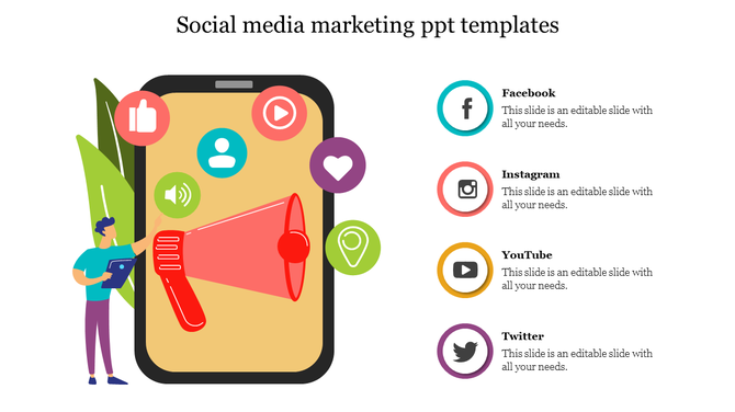 Illustration of a person with a tablet beside a large smartphone displaying social media icons and placeholder text captions.