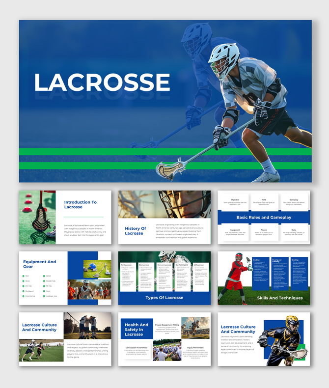 Lacrosse player running with a stick and bold text descriptions about the origin and history in a blue background.