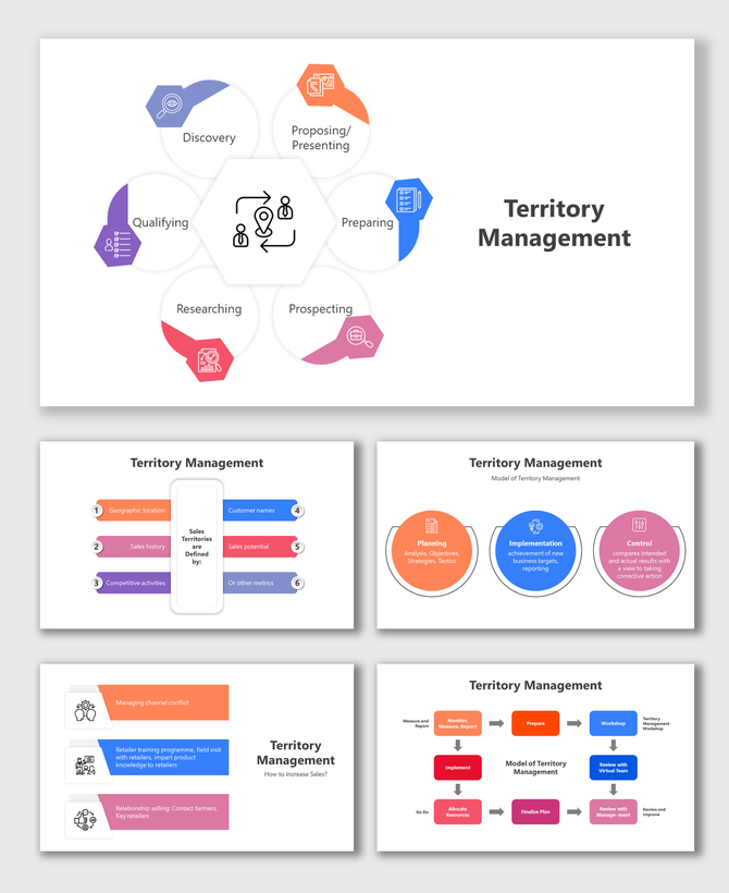 Territory management PowerPoint slides in different colorful layout designs with icons and descriptions on a white theme.