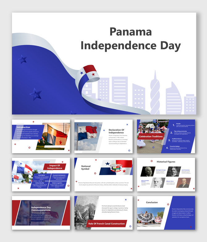 Slide deck on Panama Independence Day with patriotic colors, Panama flags, and cityscape illustrations.