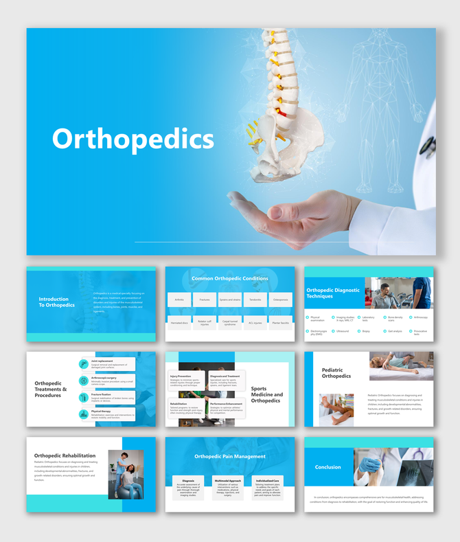 Alt: Orthopedics slide showing bone and joint icons, skeletal imagery, and labeled sections for diagnosis and treatment overview.