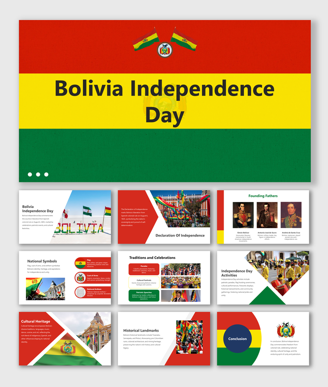 Bolivian Independence day slide deck with vibrant visuals of national symbols, historical events, and cultural celebrations.