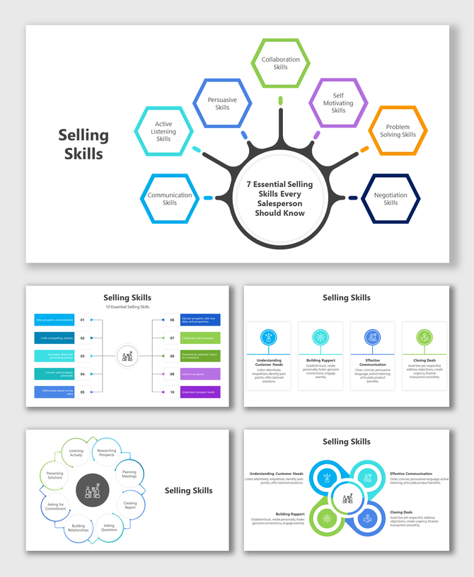 Slide deck on selling skills, with a skill diagram on the main and additional visuals illustrating sales strategies.