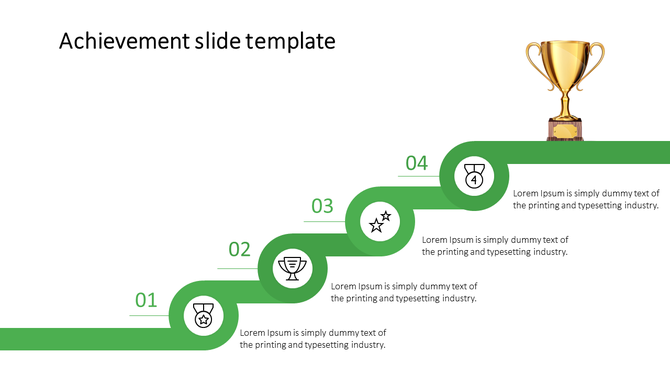 Achievement slide with a green curved pathway featuring four steps, each labeled with icons for trophies and awards.