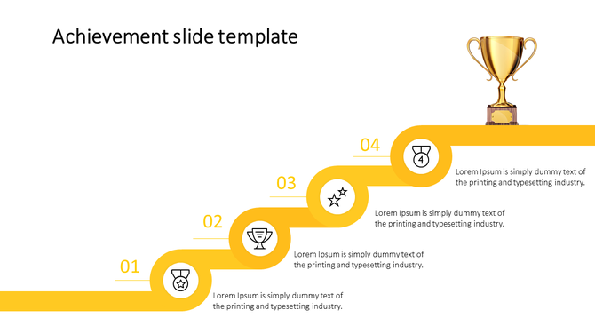 Achievement slide with a yellow step pathway, featuring four icons and a trophy, connected to placeholder text.