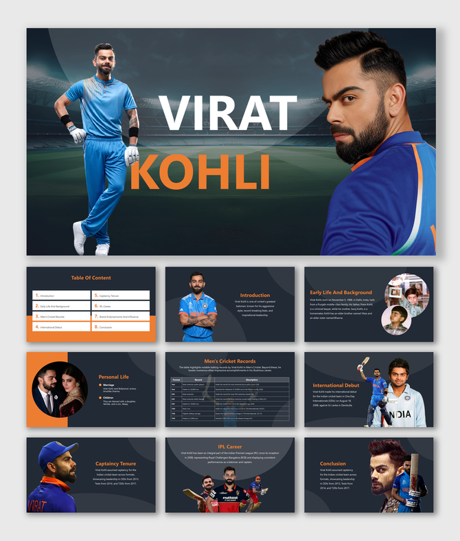 cricket-themed slide deck highlighting Virat Kohli, discussing key events that have influenced his career and personal life.