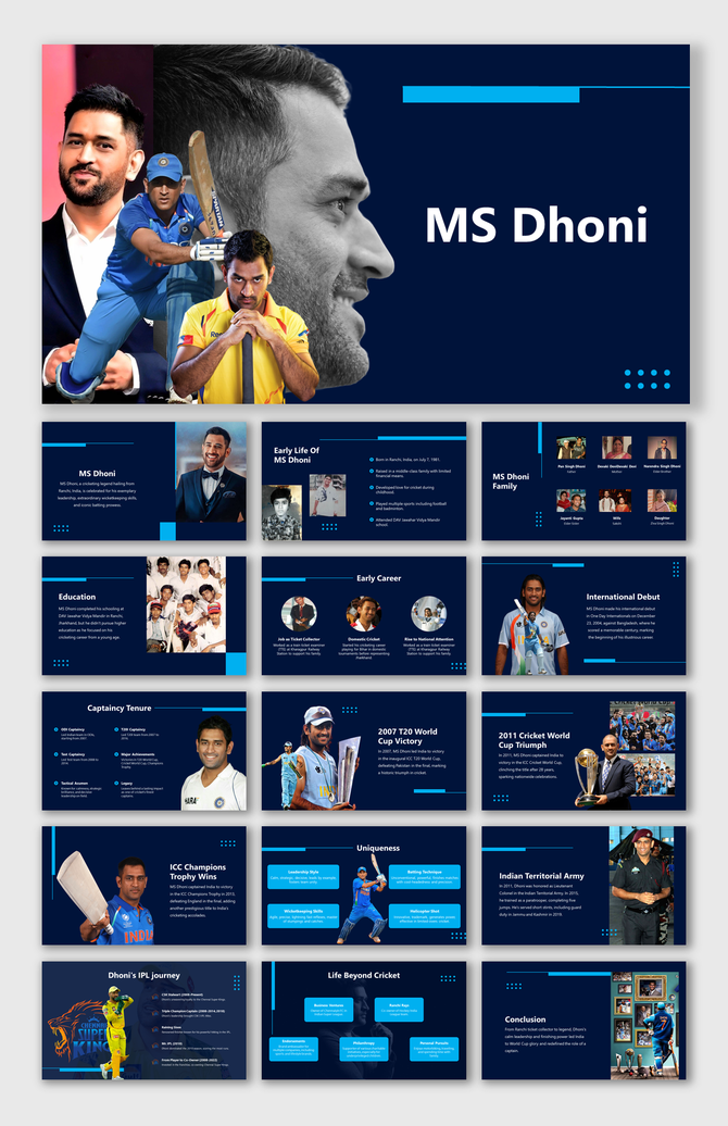 Slide deck on MS Dhoni with photos of his cricket journey, family, achievements, and IPL journey, on dark blue backgrounds.