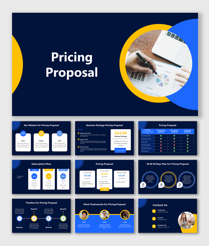 Slide deck with dark blue and yellow accents, featuring pricing proposals, subscription plans, and client testimonials.