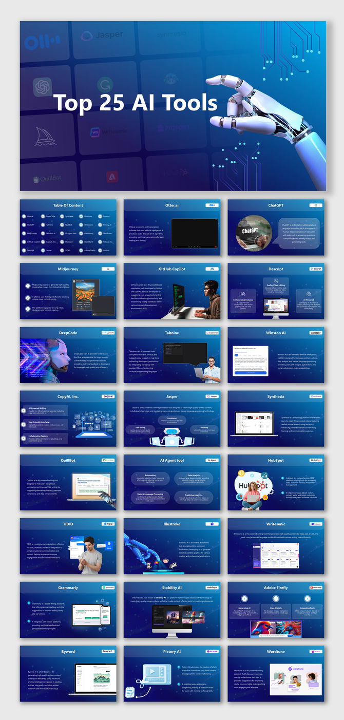 Cover slide deck with top AI tools text from ChatGpt to gemini and an image of a robotic hand and circuit design.