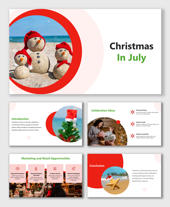 Christmas in July slides featuring playful sand snowmen with beach backgrounds and Christmas hats with text descriptions.