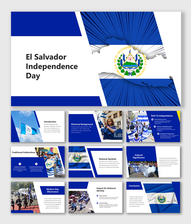 El Salvador themed slide deck with blue and white accents, featuring the country flag and traditional celebrations.