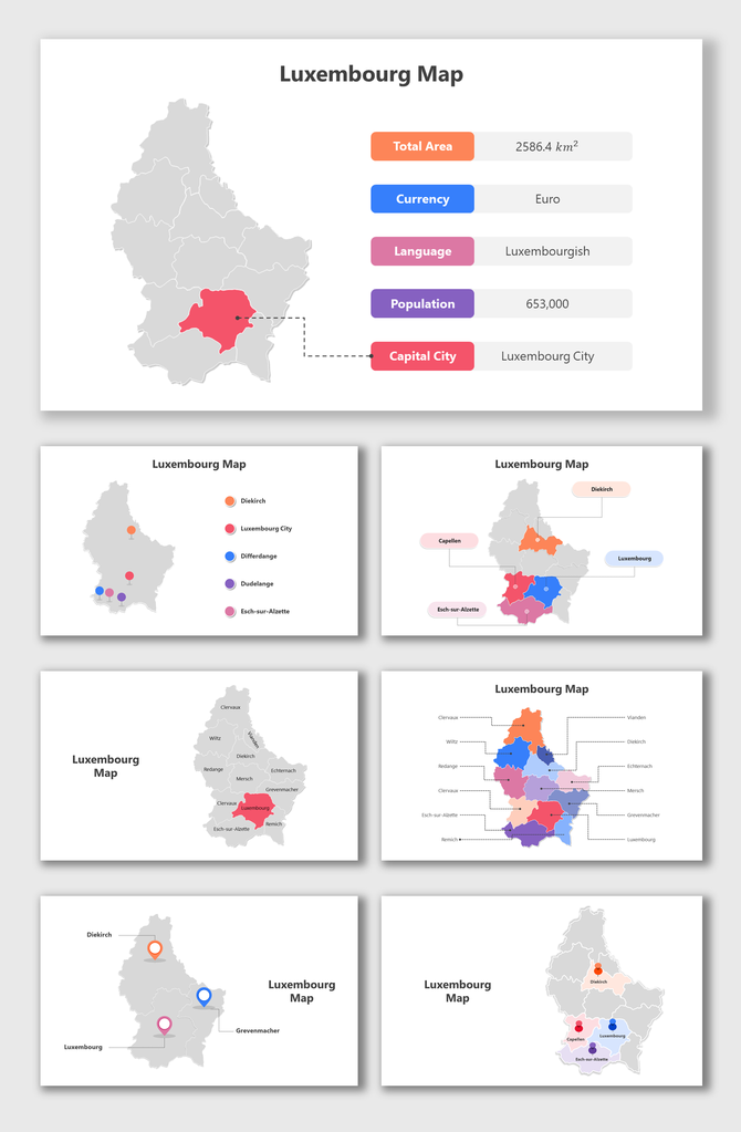 Luxembourg map slide deck with colorful regions, highlighting cities and details like area, currency, and population.