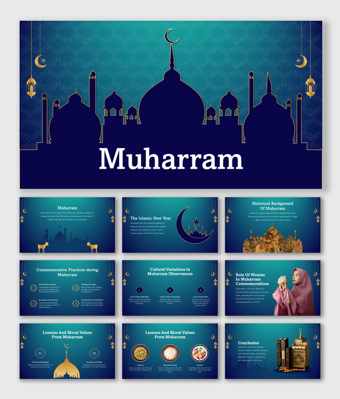 Muharram themed slides with Islamic architectural elements, a crescent moon, and content on commemorative practices.