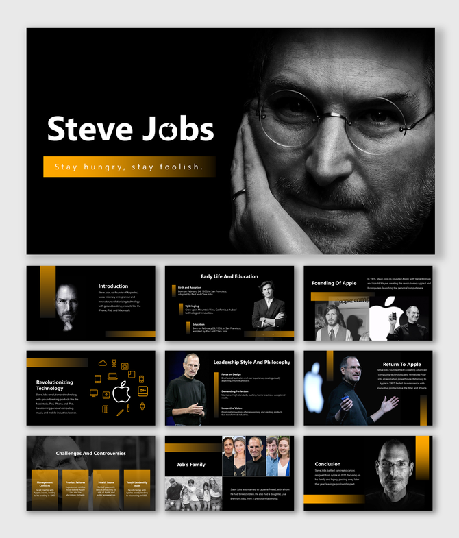 Slide deck on Steve jobs with black backgrounds and gold accents, covering his life, apple founding, and leadership.