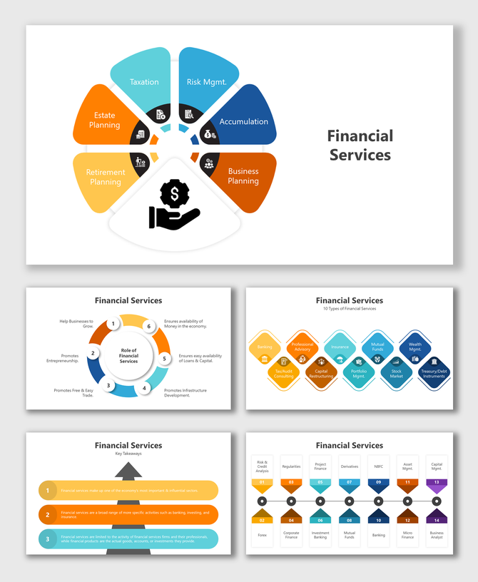 Financial services with segments and a dollar icon representing areas like estate planning and risk management.