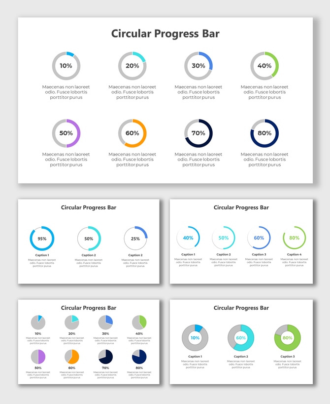 Slide deck with multiple circular progress bars in various colors, showing percentages and captions below.