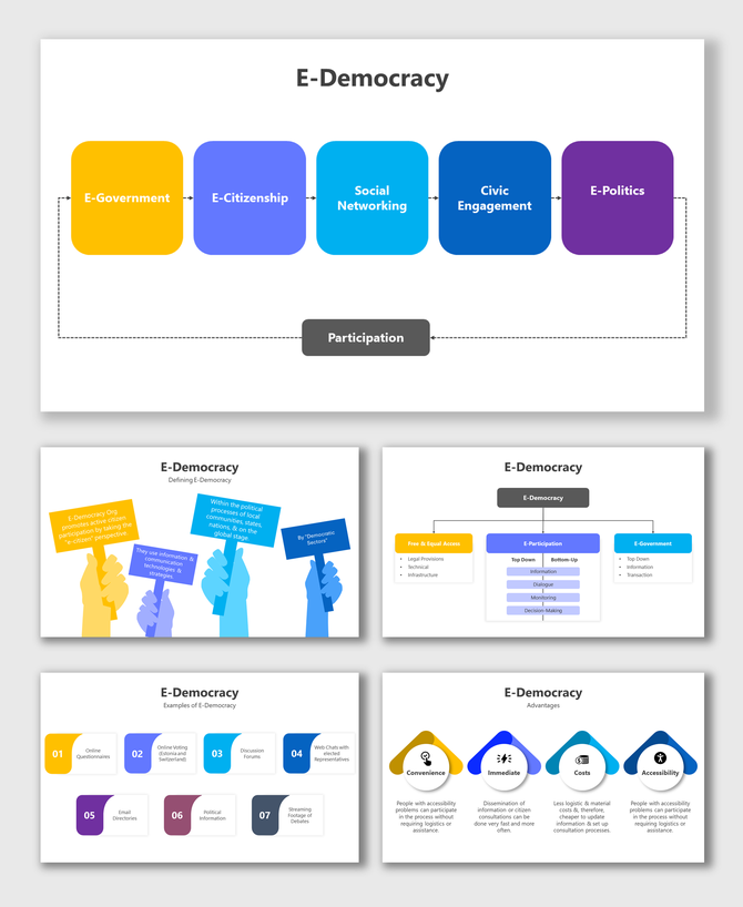 E Democracy PowerPoint slides in different colorful layout designs with icons and text descriptions on a white theme.
