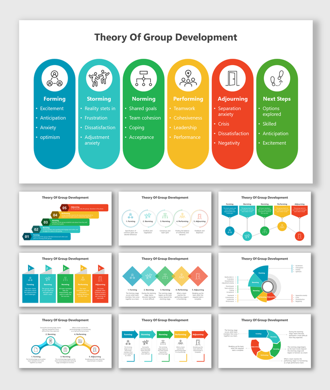 Slide deck illustrating stages of group development with colorful icons, labels, and structured visual layouts.