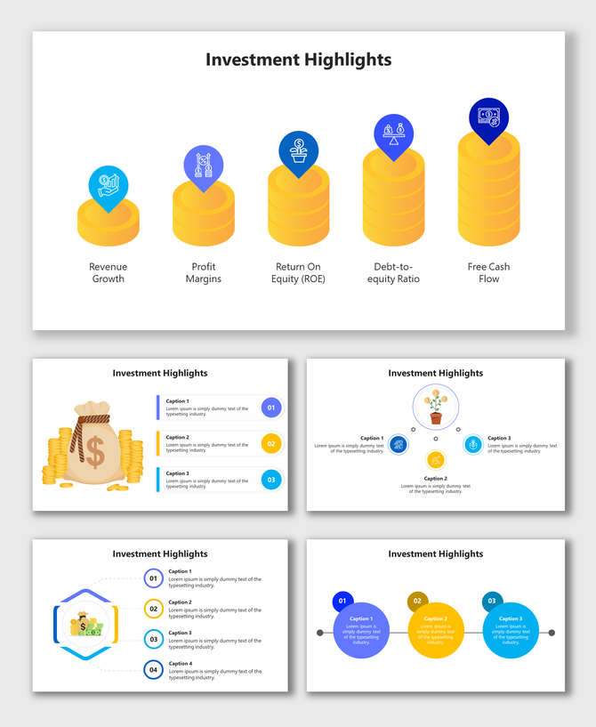 Investment-themed slide deck highlighting financial metrics with visuals of coins, icons, and text placeholders.