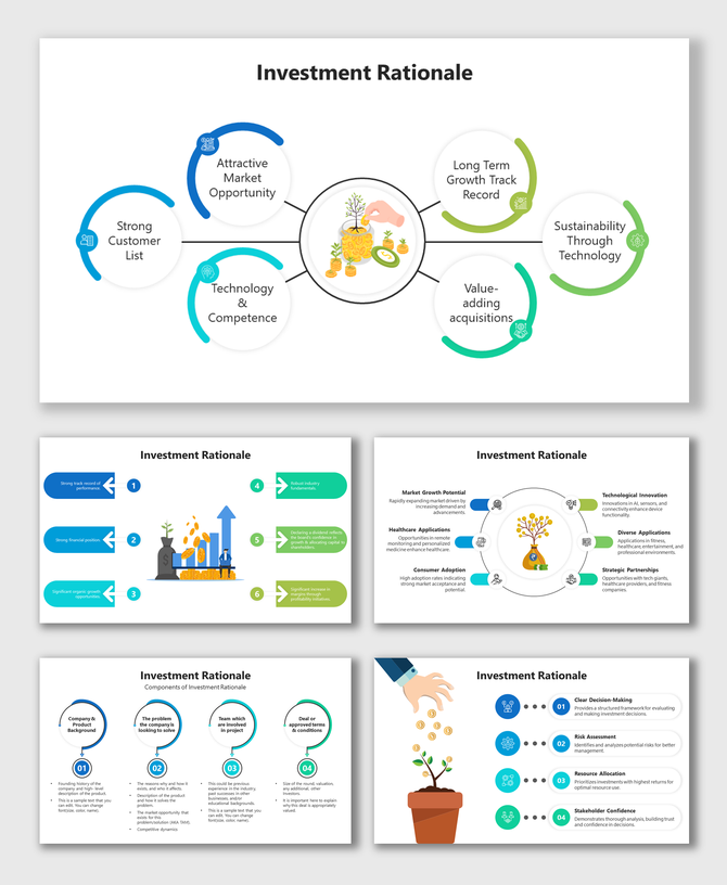 Investment rationale visual slides with a central coins icon and plant surrounded by factors with different layout designs.