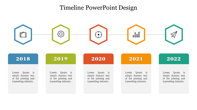 A slide featuring a timeline from 2018 to 2022, with icons representing each year and caption areas.