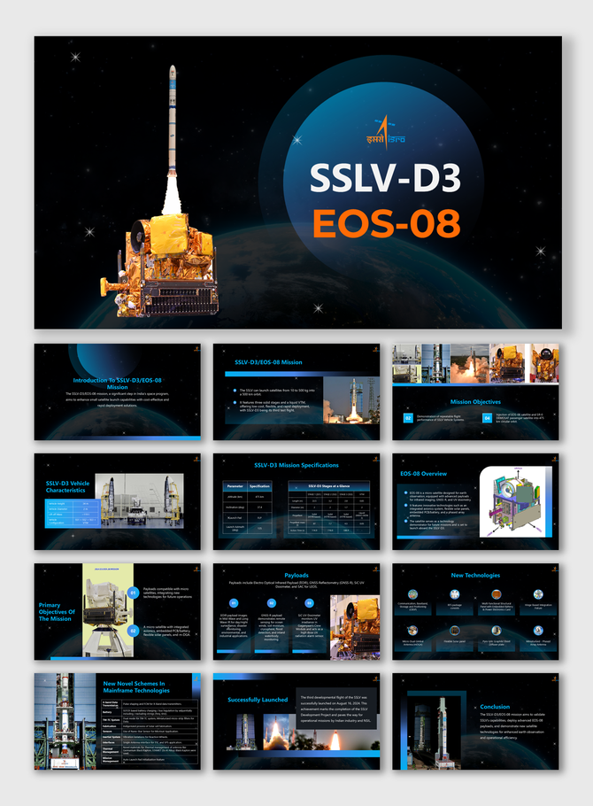 Slide deck showcasing the SSLV-D3 rocket launch, mission specifications, and technical details against a starry backdrop.