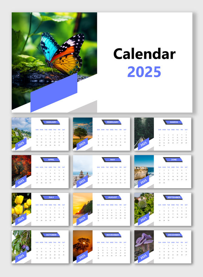 Printable 2025 calendar PowerPoint slides with monthly nature themed images and date grids for each month.