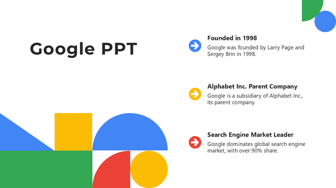 Modern slide featuring three text sections with colorful geometric shapes, highlighting key facts about Google.