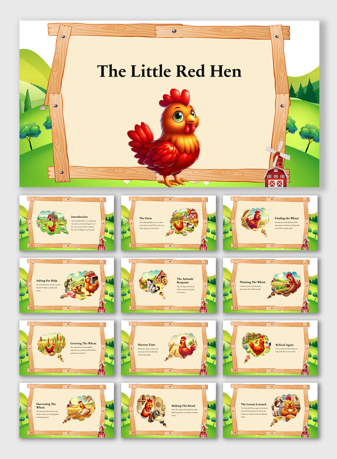 A pack of little red hen slides featuring a cartoon image standing in front of a farm with many descriptions on green theme.