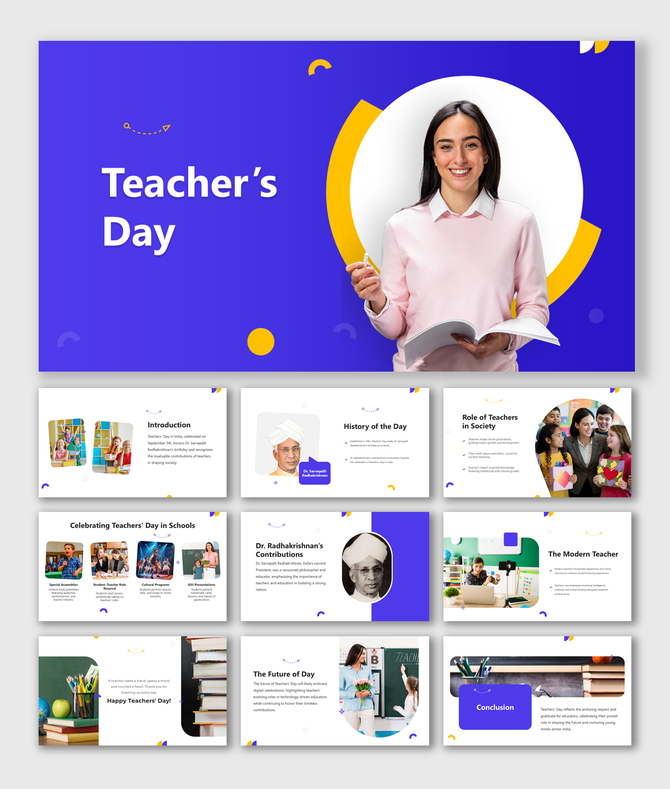 Teacher's Day PPT slides feature a smiling woman holding a book representing the modern teacher in a vibrant setting.