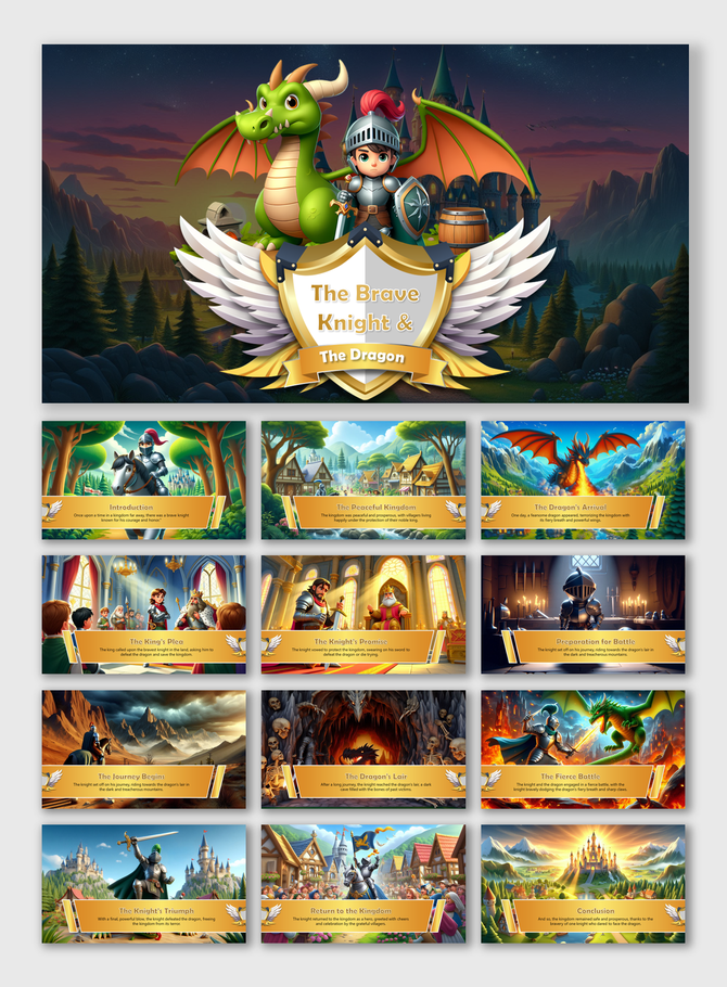 Fairy tale visuals featuring a brave knight, a friendly green dragon, and a castle backdrop with title and adventure slides.