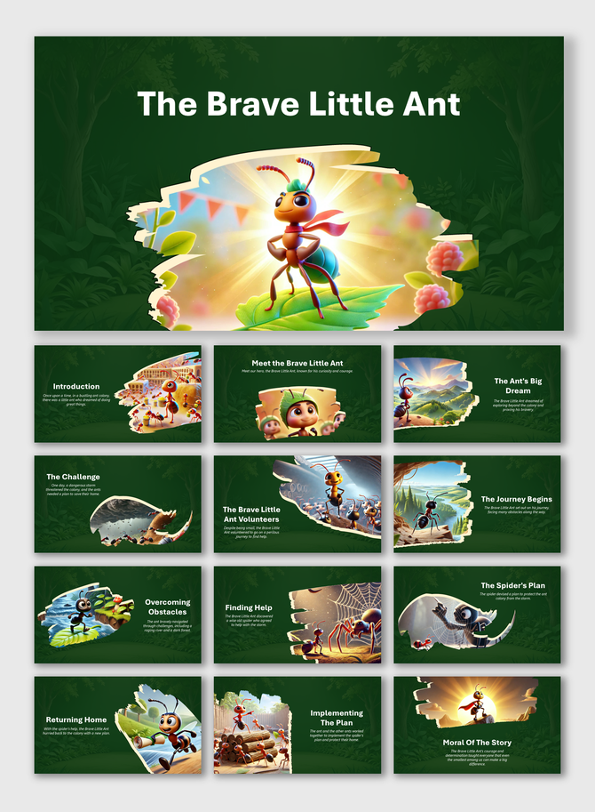 Story slides featuring a heroic cartoon ant, forest backgrounds, animal characters, and bright cutout style illustrations. 
