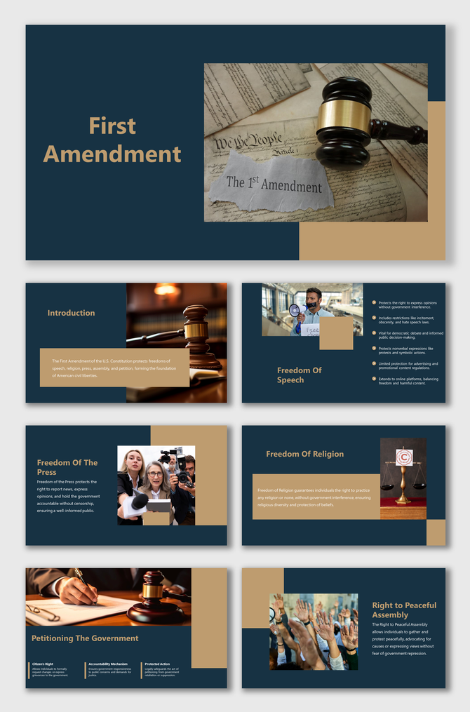 First amendment slide deck featuring a dark blue and gold theme, showing legal imagery, and key freedoms outlined.