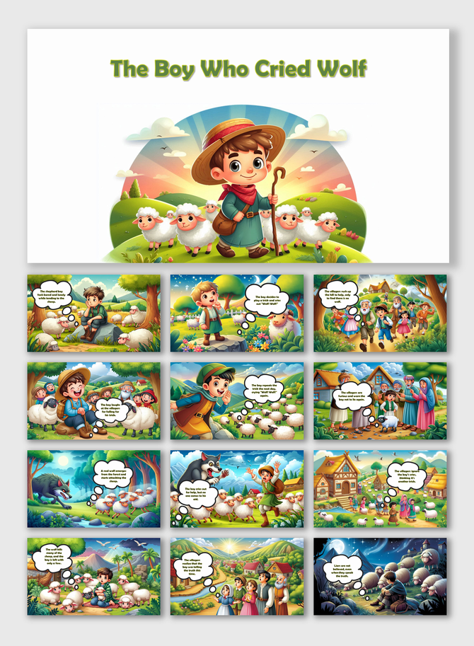Storybook deck depicting the boy who cried wolf, with illustrated farm scenes, expressive characters, and speech bubbles.