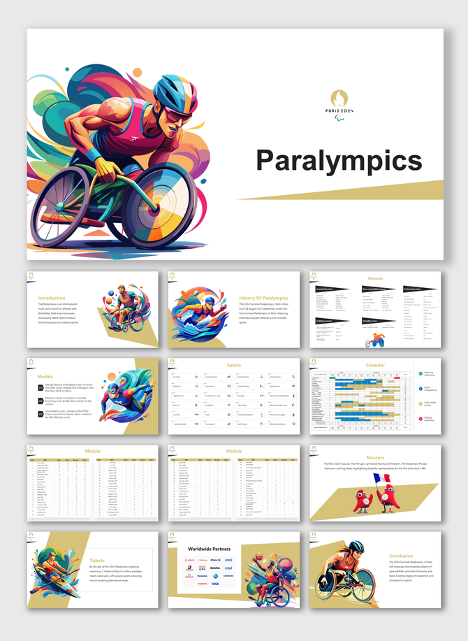 Paralympics slide deck featuring vibrant athlete illustrations, sports event schedules, and competition details.