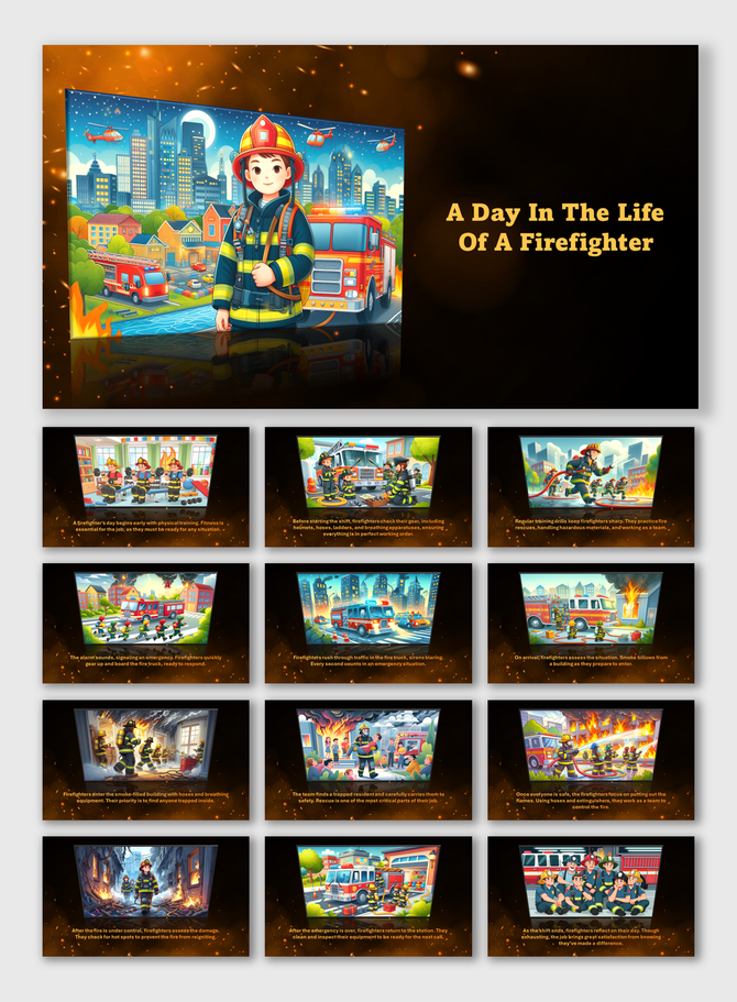 Storybook style slides with cartoon images, depicting the activities and responsibilities of firefighters throughout the day.
