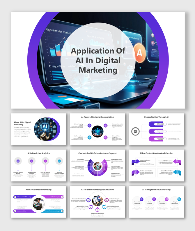 Application of AI In Digital Marketing PowerPoint slides featuring a laptop displaying AI algorithms and data analytics.