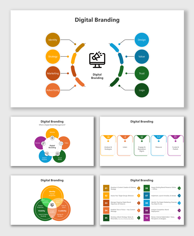 Colorful slide deck with circular and hexagonal icons in a variety of colors, illustrating components of digital branding.