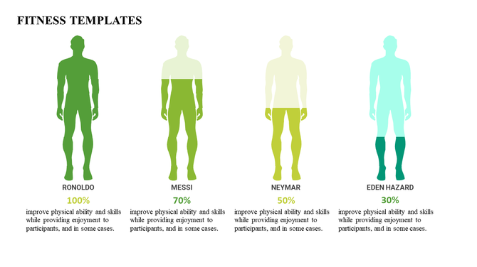 Fitness-themed design illustrating human silhouettes with varying shades of green and associated percentages.