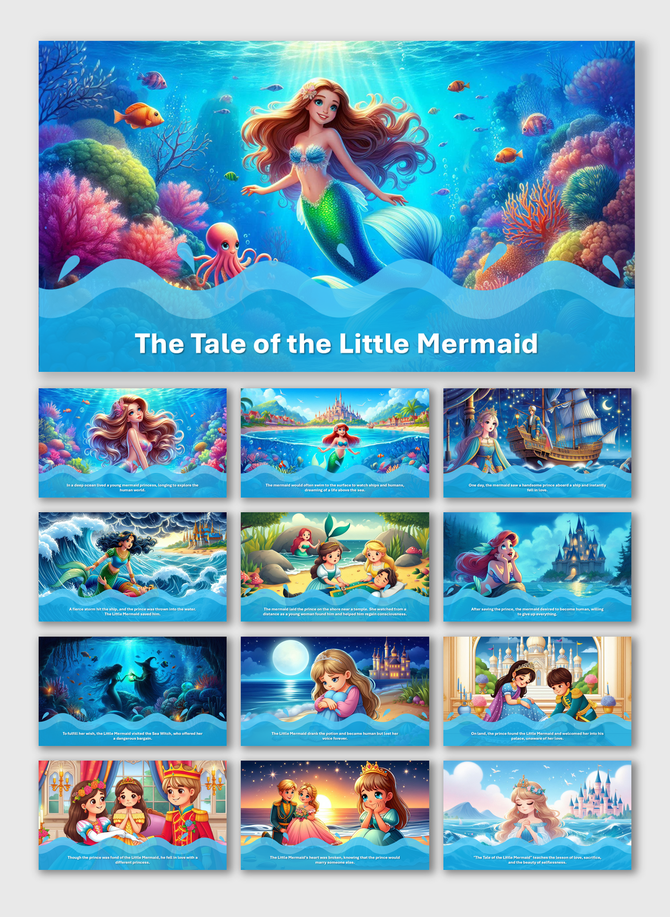 Bright, vivid scenes of the Little Mermaid story, highlighting her ocean life, human encounters, and magical transformation.