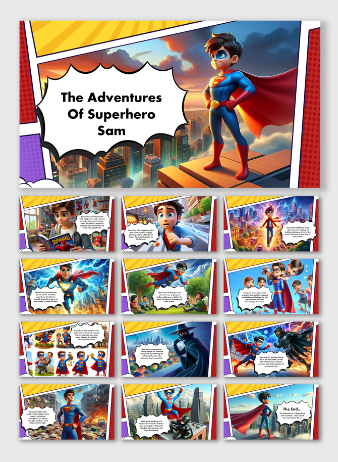 A comic-style presentation of Superhero Sam’s adventures, highlighting his heroism and epic battles in vibrant scenes.