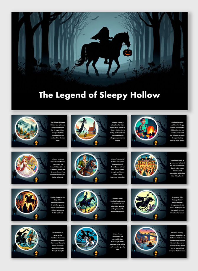 Illustrations from The Legend of Sleepy Hollow showcasing spooky forests, the Headless Horseman, and key story moments.