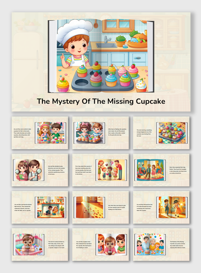 Story slides of children solving the mystery of the missing cupcake, filled with vibrant baking and fun detective scenes.