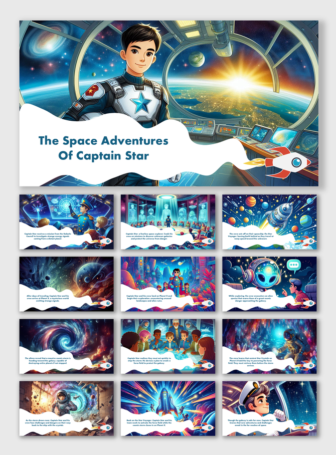 Space-themed presentation of Captain Star’s interstellar adventures with vivid scenes and diverse alien characters.