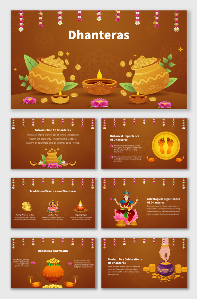 Slides on Dhanteras with vibrant images of gold, diyas, and cultural symbols, highlighting the festival's wealth and prosperi