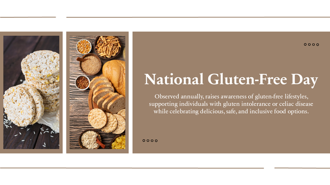 Celebrate National Gluten Free Day with visuals of gluten-free snacks, warm beige tones, bold text, and accessible designs.