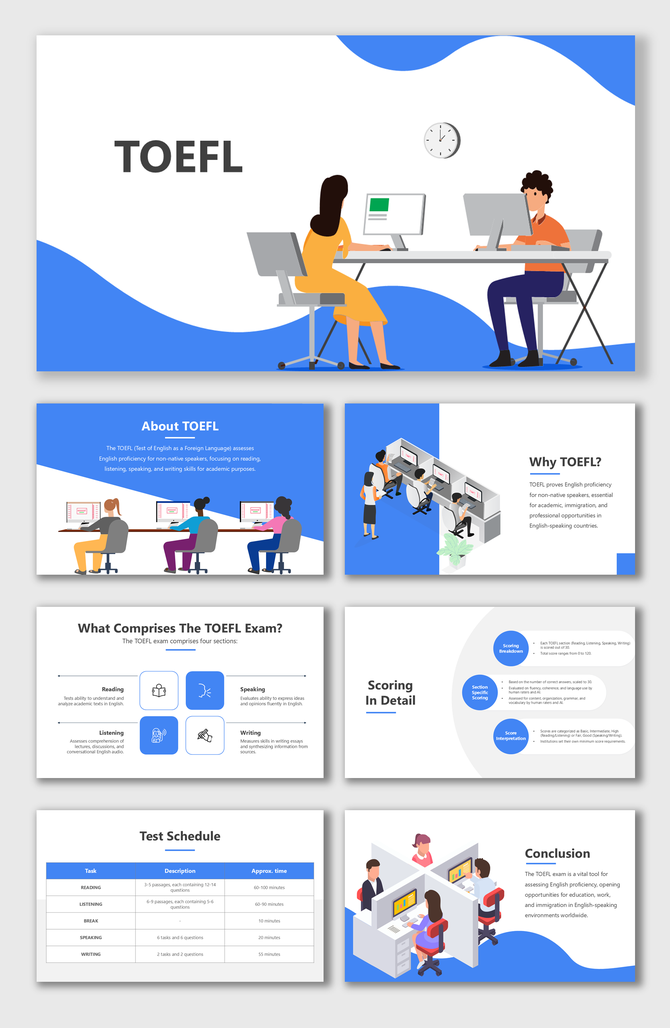 TOEFL slides with blue and white backgrounds, visuals of test-takers, section icons, and detailed scoring and test schedule.