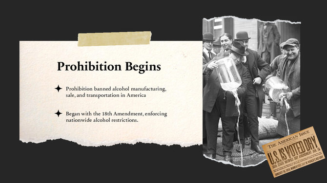 Prohibition Begins slide with vintage images, sepia tones, and bold text boxes depicting the start of the alcohol ban.