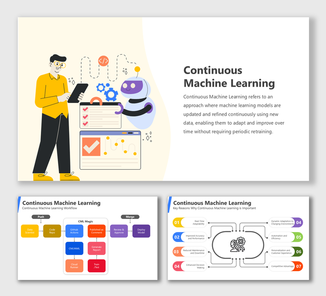 Continuous machine learning slides with multicolor illustrations, workflow diagrams, and benefits of adaptive ML models.