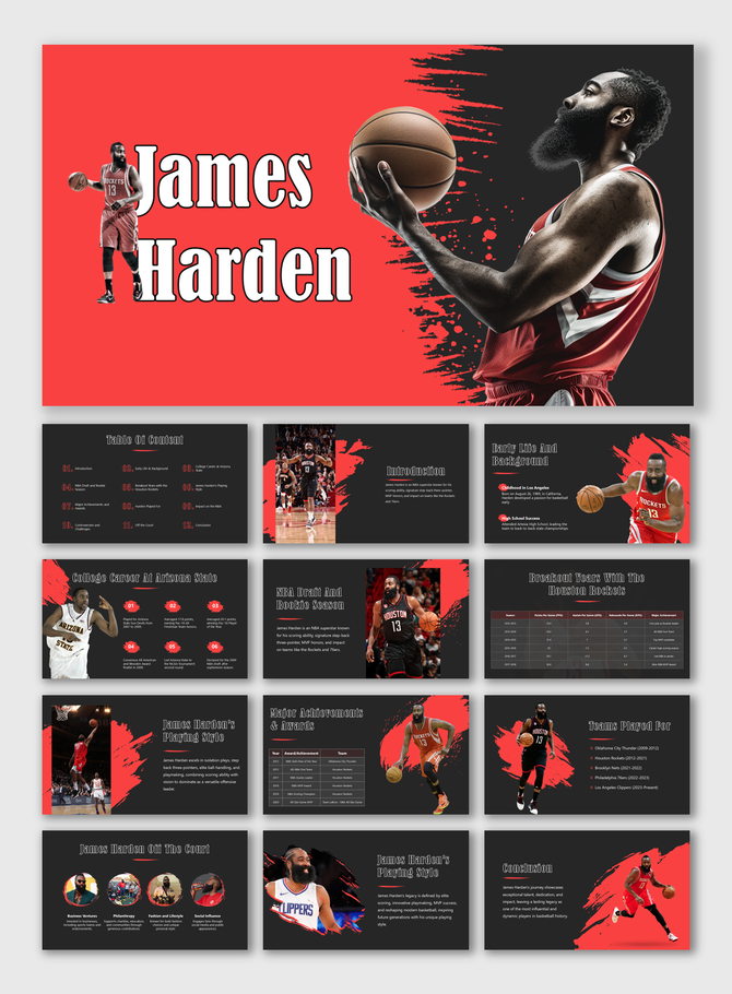James Harden deck with bold red and black design, dynamic photos, text holders, stats, achievements, and career highlights.